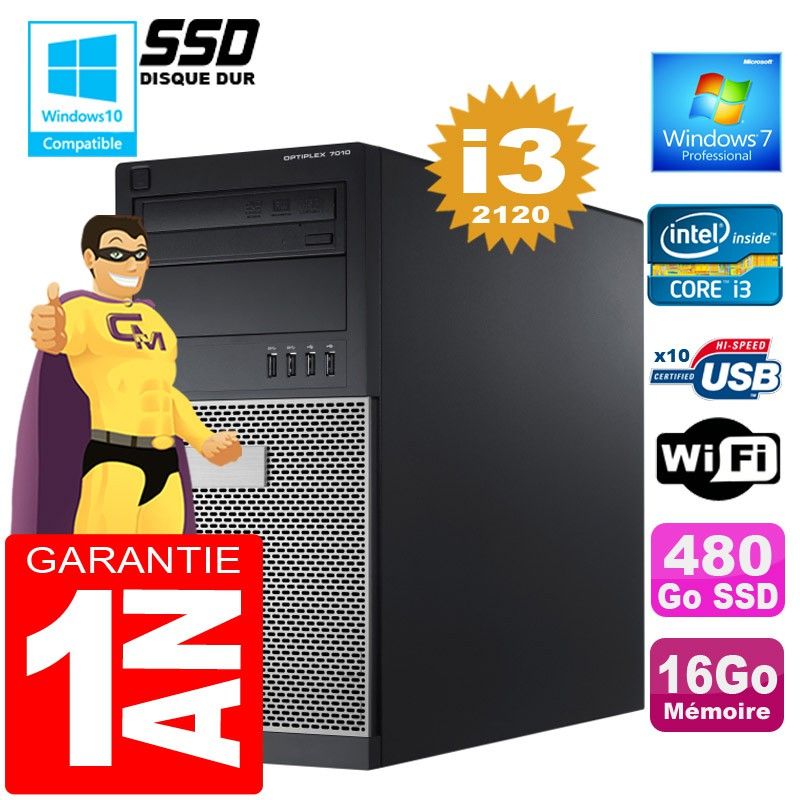 Dell 7010 MT Desktop - Intel Core i3-2120, 16GB RAM, 480GB SSD, WiFi, Windows 7 Pro