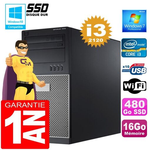 Ordenador de escritorio Dell 7010 MT - Procesador Intel Core i3-2120, 16 GB de RAM, 480 GB SSD, WiFi, Windows 7 Pro