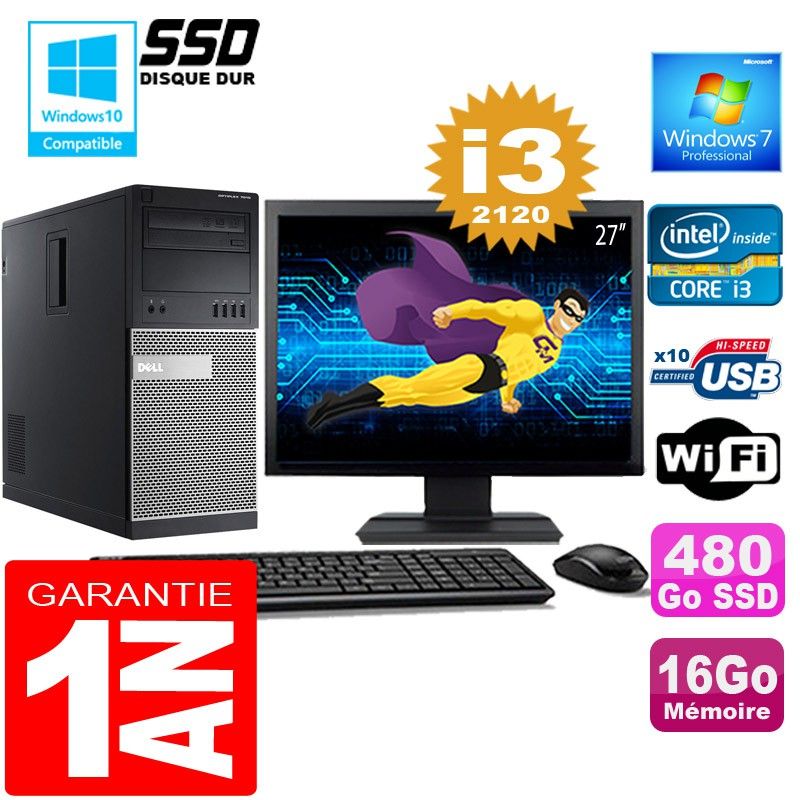 Dell 7010 MT (Tower) Core i3-2120 3.3GHz 16GB RAM 480GB SSD WiFi Windows 7 Pro 27" Screen
