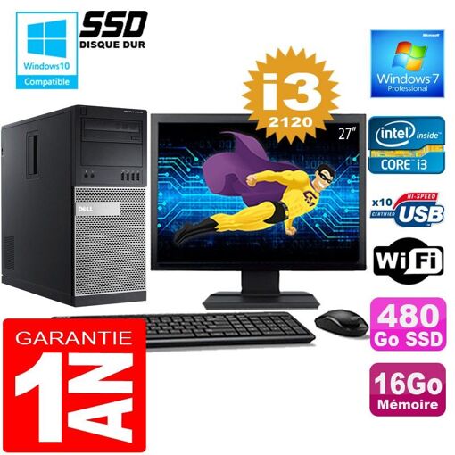 Torre Dell 7010 Core i3-2120 3.3 GHz 16 GB RAM 480 GB SSD WiFi Windows 7 Pro Pantalla de 27 pulgadas