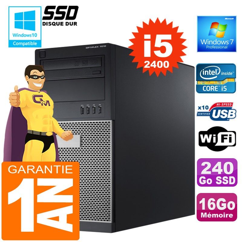 Dell 7010 MT Desktop PC - Intel Core i5-2400, 16GB RAM, 240GB SSD, DVD Burner, Windows 7 Pro
