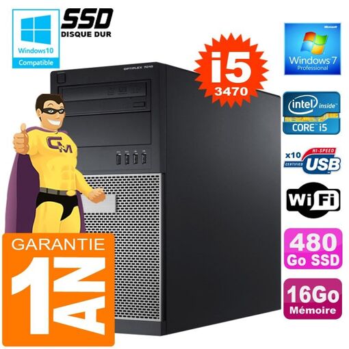 Torre Dell 7010 - Procesador Intel® Core i5-3470 - 16GB RAM - 480GB SSD - Grabadora de DVD - Windows 7 Profesional