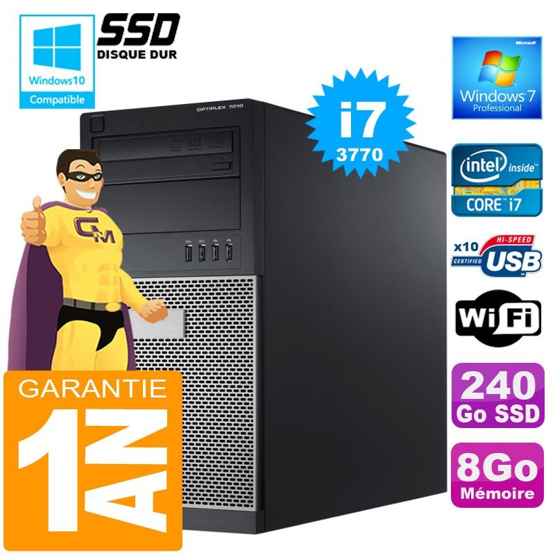 Tour Dell 7010 - Processeur Intel Core i7-3770, 8 Go de RAM, Disque SSD 480 Go, Graveur DVD, Windows 7 Pro
