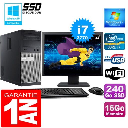 Torre Dell 7010 Core i7-3770 16GB RAM 240GB SSD WiFi Windows 7 Pro Pantalla de 22'