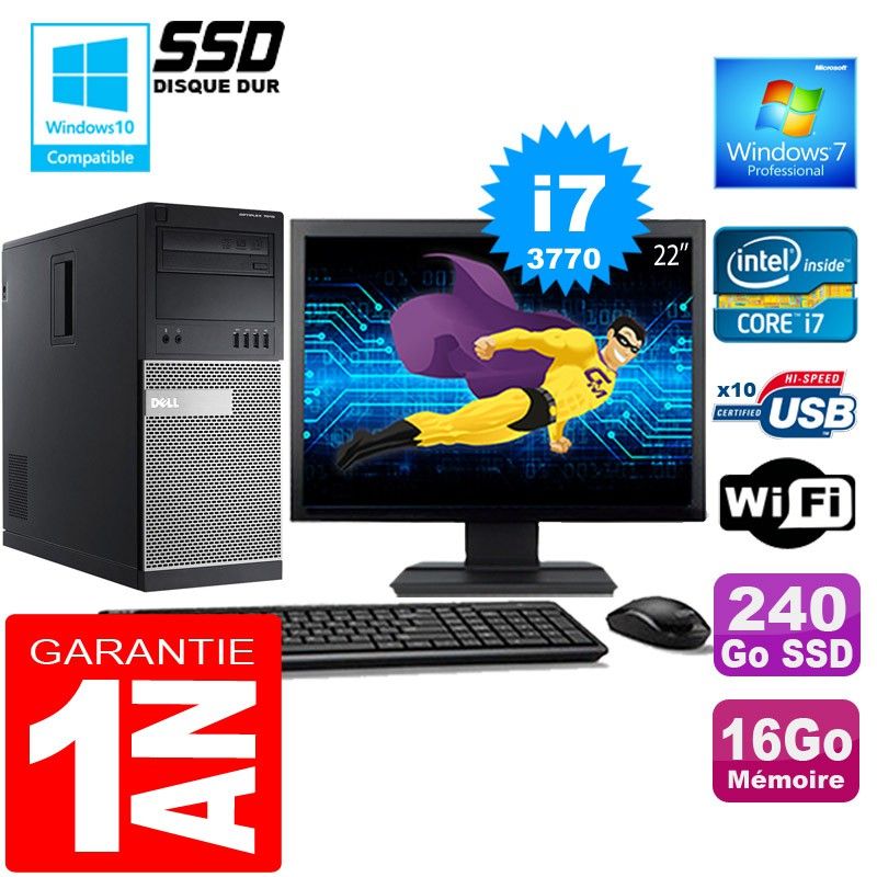 Dell 7010 MT (Tower) Core i7-3770 16GB RAM 240GB SSD WiFi Windows 7 Pro 22" Screen