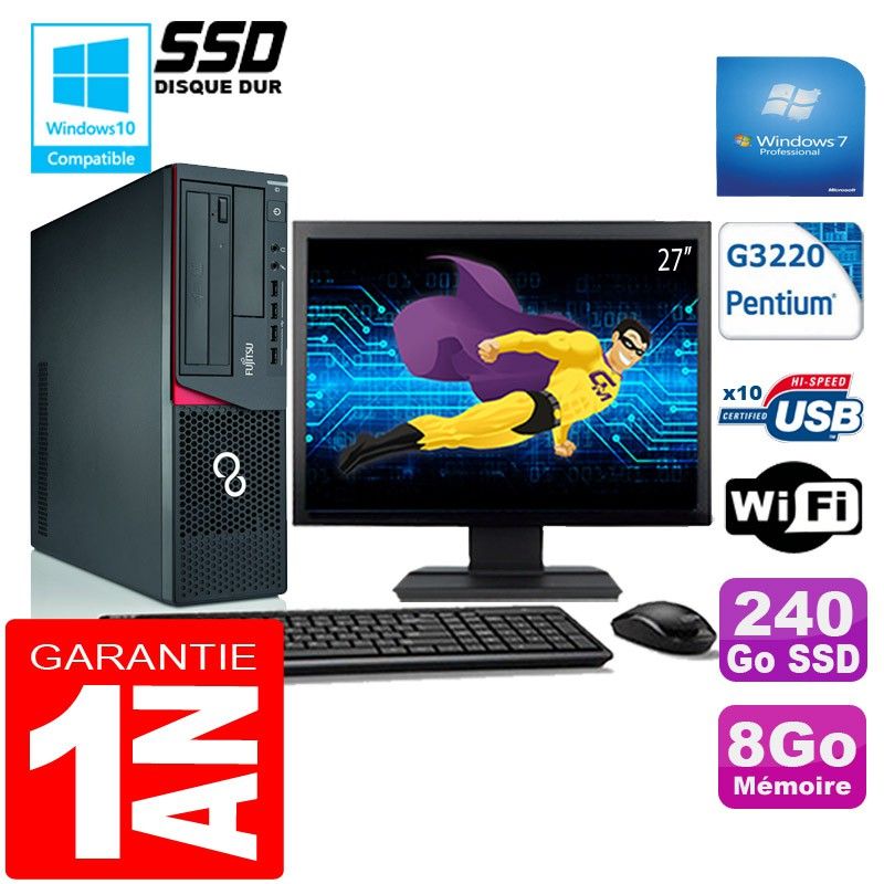 Ordinateur Fujitsu Esprimo E720 E85+ SFF - 8 Go de RAM, 240 Go SSD, Intel Pentium G3220, Windows 7 Professionnel