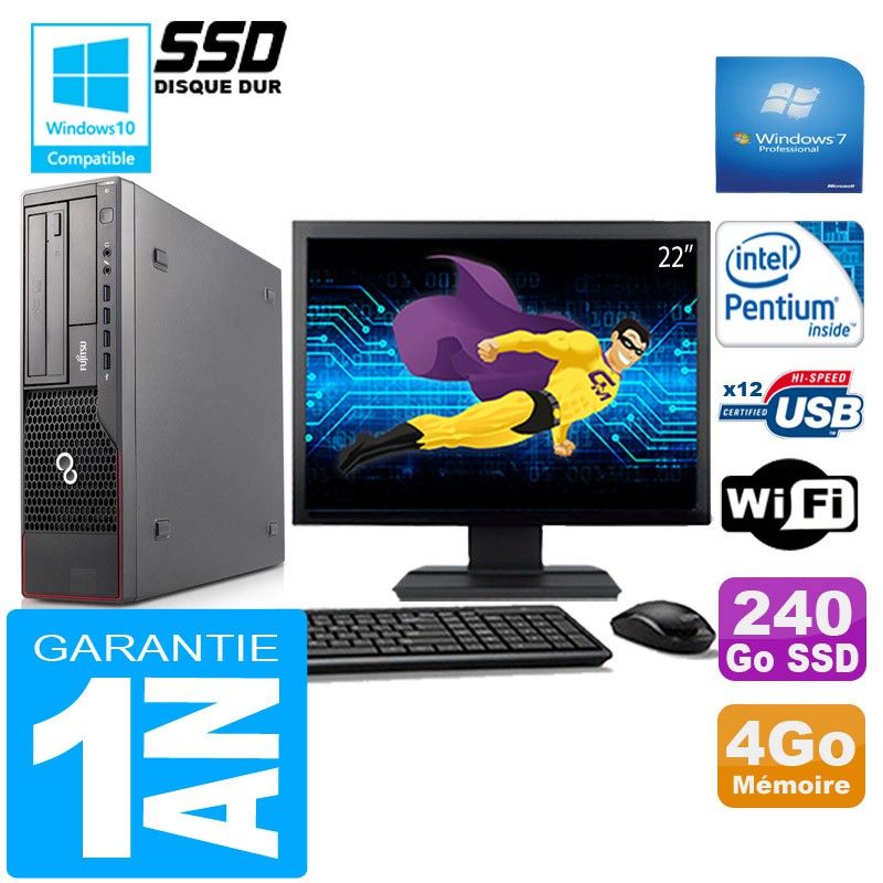 Ordinateur de bureau Fujitsu Esprimo E700 E90+ SFF - Processeur Intel Pentium G840, 4 Go de RAM, 240 Go SSD, Wi-Fi, Windows 7 Pro