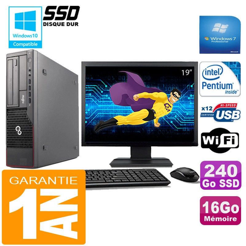 Fujitsu Esprimo E700 E90+ SFF Desktop Computer - Intel Pentium G840, 16GB RAM, 240GB SSD, WiFi, Windows 7 Pro