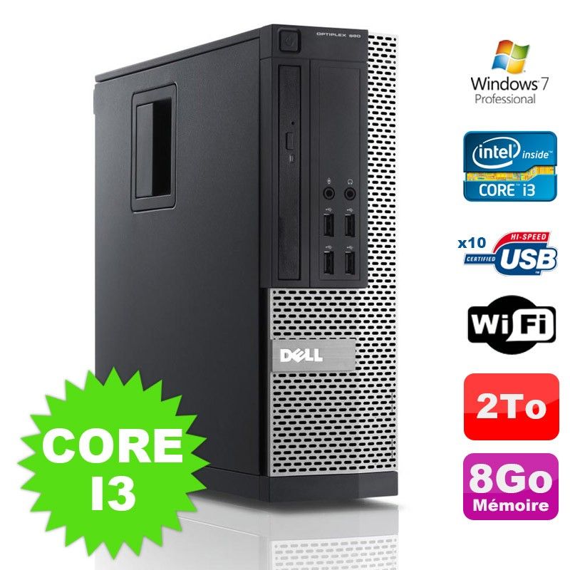 Dell Optiplex 990 SFF Desktop Computer - Intel Core i3-2120, 8GB RAM, 2TB HDD, DVD Drive, WiFi, Windows 7 Pro