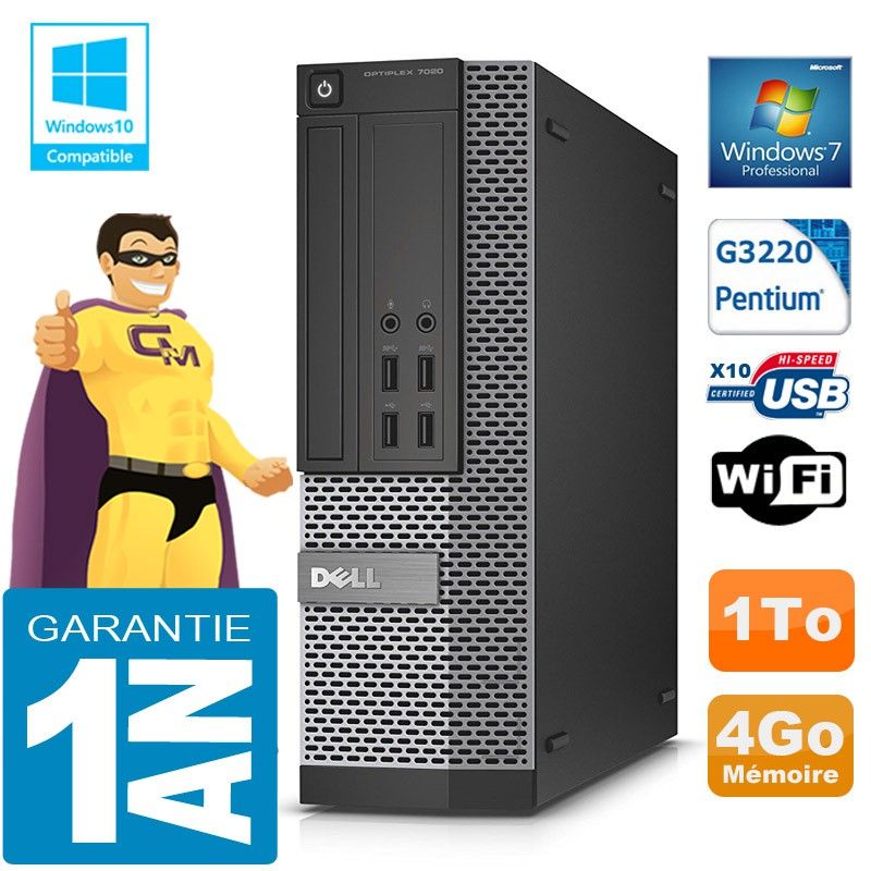 Dell 7020 SFF PC - Intel Pentium G3220, 4GB RAM, 1TB HDD, DVD Drive, WiFi, Windows 7 Pro