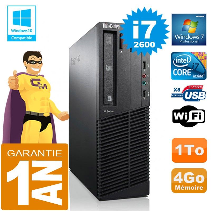 Ordinateur de bureau Lenovo M92p SFF, Intel Core i7-2600, 4 Go RAM, 1 To HDD, Graveur DVD, Wi-Fi, Windows 7 Pro