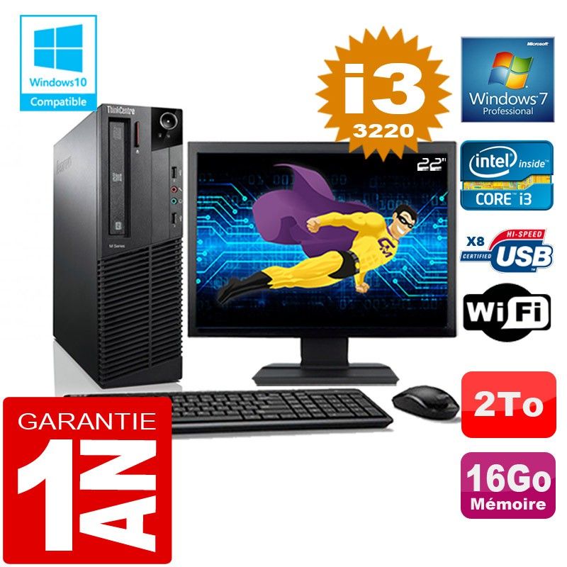 Lenovo M92p SFF Core i3-3220 16GB RAM 2TB HDD WiFi Windows 7 Pro 22" Screen