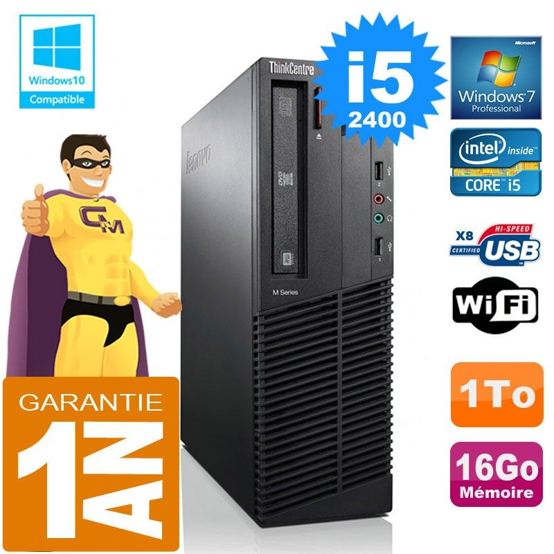 Lenovo M92p SFF Core i5-2400 16GB RAM 1TB HDD DVD Writer WiFi Windows 7 Pro Desktop Computer
