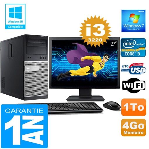 Torre Dell 7010 - Procesador Intel Core i3-3220, 4 GB de RAM, 1 TB HDD, WiFi, Windows 7 Pro