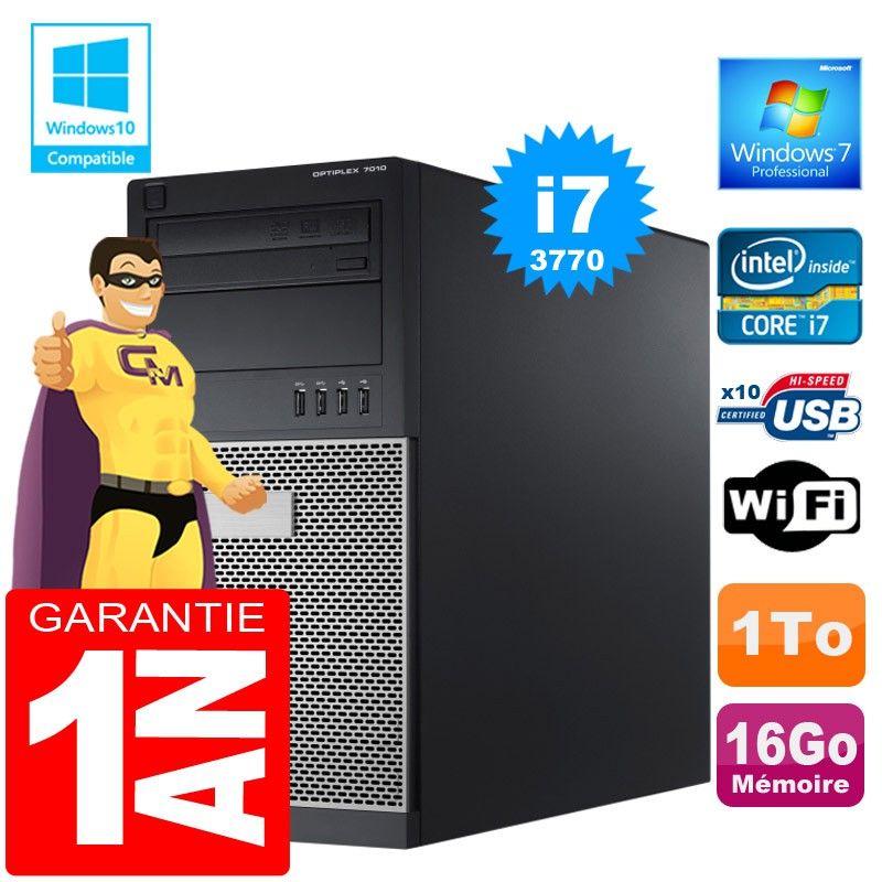 Dell 7010 Tower PC - Core i7-3770, 16GB RAM, 1TB HDD, DVD Burner, WiFi, Windows 7 Pro