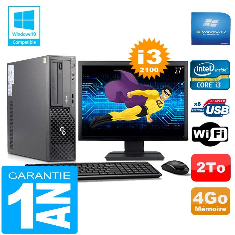 Fujitsu Esprimo E500 E85+ SFF Core i3-2100 4GB 2TB WiFi Windows 7 Pro 27" Monitor