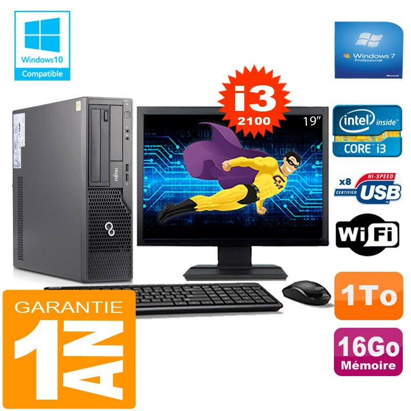 Fujitsu Esprimo E500 E85+ SFF Core i3-2100 16GB 1TB WiFi Windows 7 Pro 19" Screen