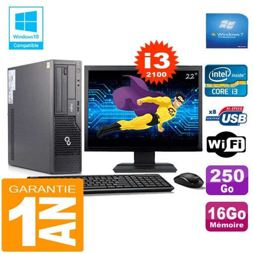 Computadora de escritorio Fujitsu Esprimo E500 E85+ (Pequeño formato) i3-2100 16GB 250GB WiFi Windows 7 Pro Pantalla de 22"