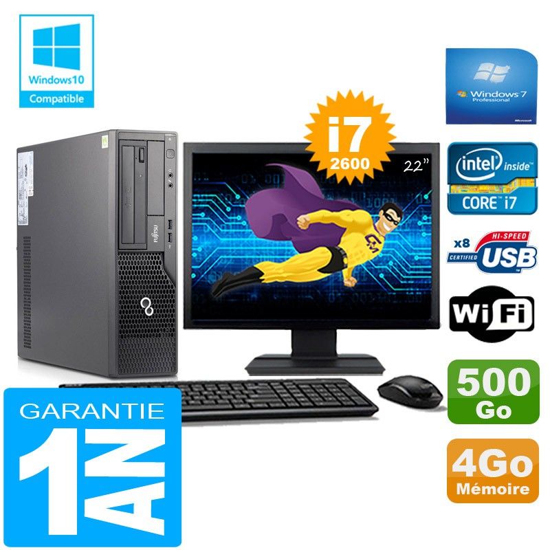 Ordinateur de bureau Fujitsu Esprimo E500 E85+ (Small Form Factor) - Processeur Intel Core i7-2600, 4 Go de RAM, 500 Go HDD, Wi-Fi, Windows 7 Professionnel