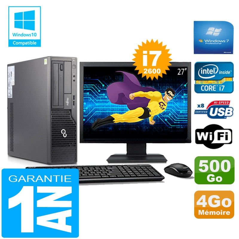 Ordinateur de bureau Fujitsu Esprimo E500 E85+ (Forme compacte) i7-2600 4 Go RAM 500 Go SSD Wifi Windows 7 Professionnel Écran 27"