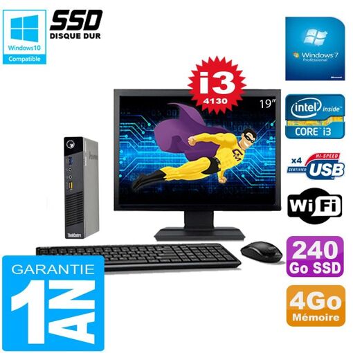 PC Ultrapequeño Lenovo M73 - Procesador Intel Core i3-4130, 4 GB de RAM, 240 GB SSD, WiFi, Windows 7 Profesional