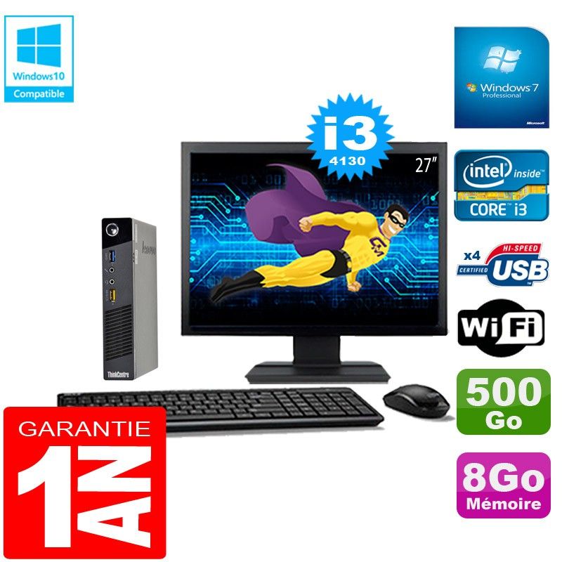 Mini PC Lenovo M73 USFF - Processeur Intel Core i3-4130, 8 Go de RAM, 500 Go de SSD, Wi-Fi, Windows 7 Pro