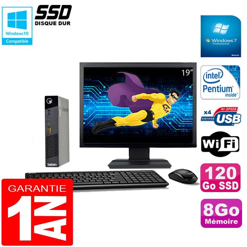 Lenovo M73 USFF Tiny PC - Intel Pentium G3250T, 8GB RAM, 120GB SSD, WiFi, Windows 7 Pro