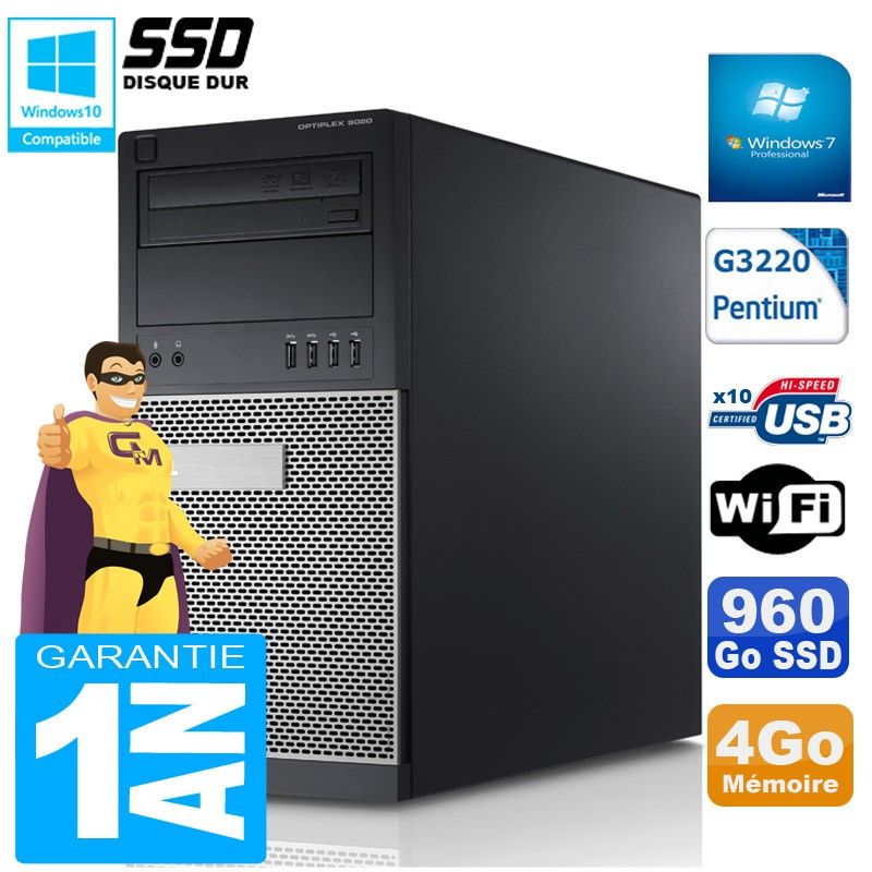 Dell Optiplex 9020 Tower - Intel Pentium G3220, 4GB RAM, 960GB SSD, DVD Burner, WiFi, Windows 7 Pro