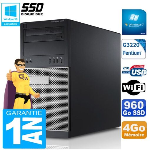 Torre Dell Optiplex 9020 - Procesador Intel Pentium G3220, 4GB de RAM, 960GB SSD, Grabadora de DVD, WiFi, Windows 7 Pro