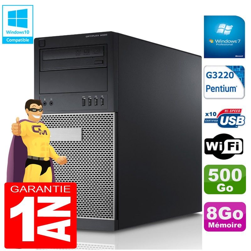 Dell Optiplex 9020 Tower - Intel Pentium G3220, 8GB RAM, 500GB HDD, DVD Burner, WiFi, Windows 7 Pro