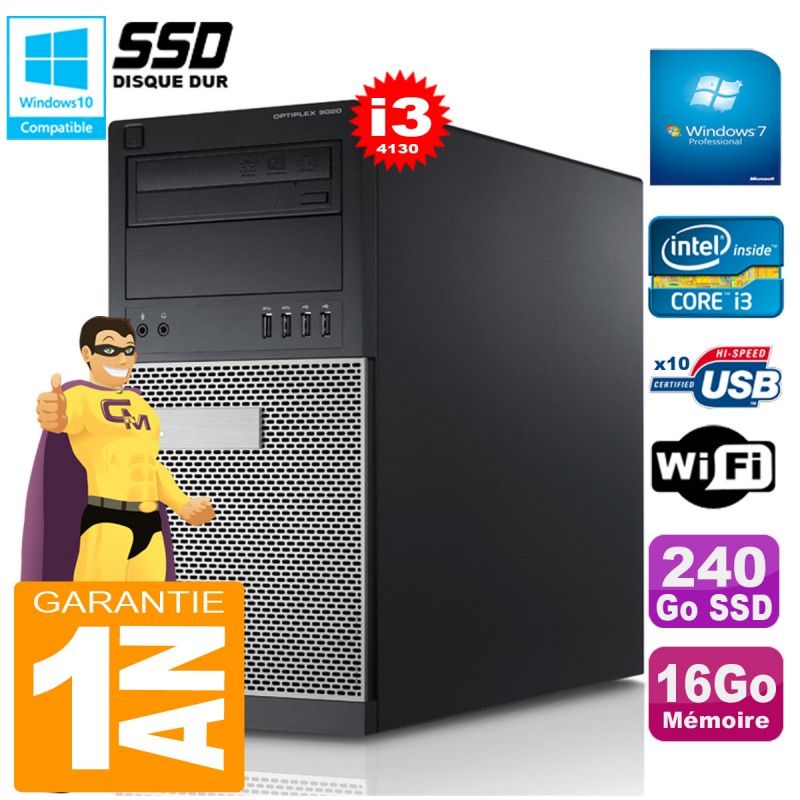 Tour Dell Optiplex 9020 - Intel Core i3-4130, 16 Go de RAM, 240 Go SSD, Graveur DVD, WiFi, Windows 7 Pro