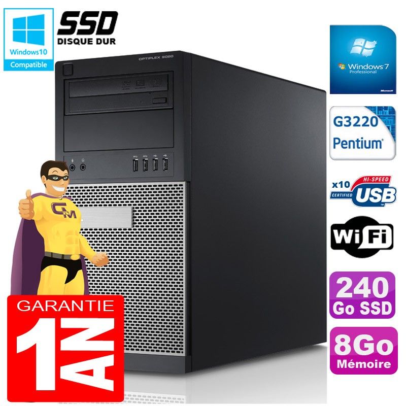 Dell Optiplex 9020 Tower - Intel Pentium G3220, 8GB RAM, 240GB SSD, DVD Burner, WiFi, Windows 7 Pro