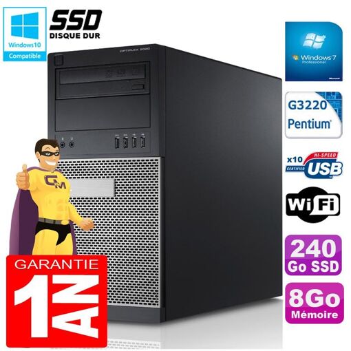 Torre Dell Optiplex 9020 - Procesador Intel Pentium G3220, 8 GB de RAM, SSD de 240 GB, Grabadora de DVD, WiFi, Windows 7 Pro