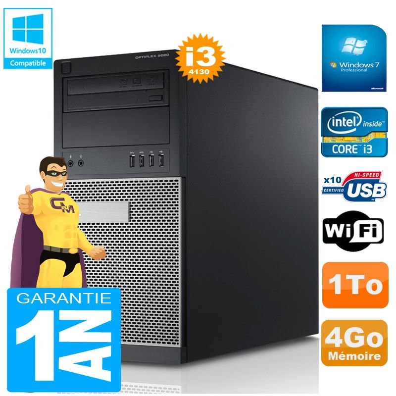 Dell Optiplex 9020 Tower - Intel Core i3-4130, 4GB RAM, 1TB HDD, DVD Burner, WiFi, Windows 7 Pro
