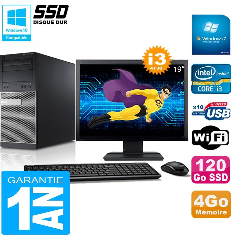 Tour Dell Optiplex 9020 - Processeur Intel Core i3-4130, 4 Go de RAM, 120 Go SSD, WiFi, Windows 7 Pro