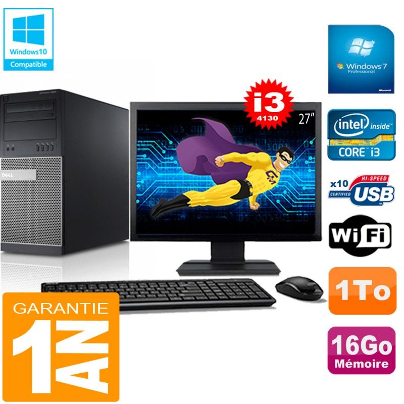 Tour Dell Optiplex 9020 - Processeur Intel Core i3-4130, 16 Go de RAM, 1 To HDD, WiFi, Windows 7 Pro