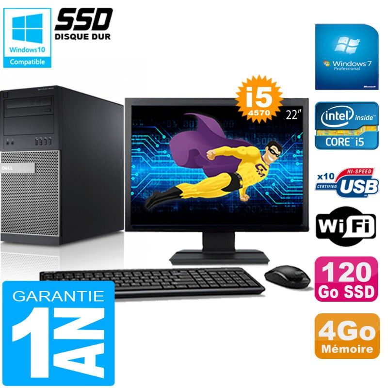 Tour Dell Optiplex 9020 - Intel Core i5-4570, 4 Go de RAM, 120 Go SSD, Wi-Fi, Windows 7 Professionnel, Écran 22"