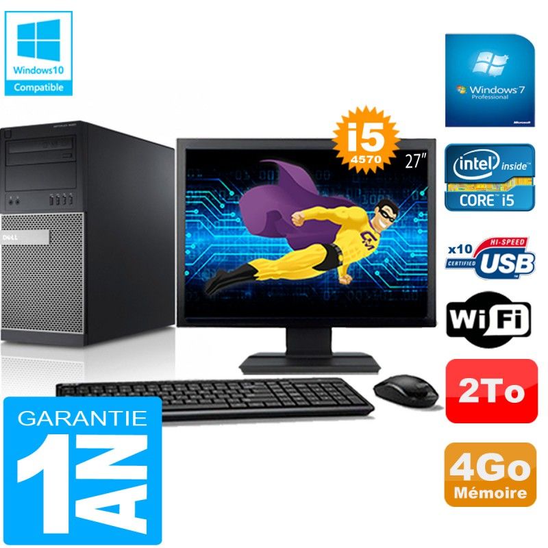 Tour Dell Optiplex 9020 - Processeur Intel Core i5-4570, 4 Go de RAM, Disque dur 2 To, Wifi, Windows 7 Pro