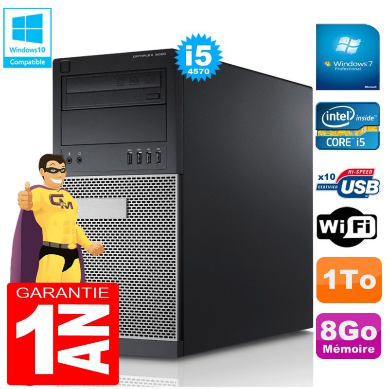 Tour Dell Optiplex 9020 - Processeur Intel Core i5-4570, 8 Go de RAM, 1 To HDD, Lecteur DVD, Windows 7 Pro
