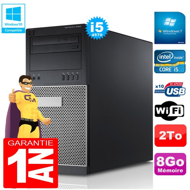 Tour Dell Optiplex 9020 - Processeur Intel Core i5-4570, 8 Go de RAM, Disque dur 2 To, Lecteur DVD, Windows 7 Pro