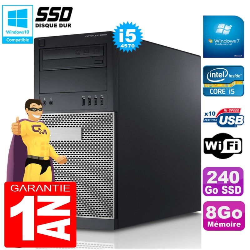 Tour Dell Optiplex 9020 - Processeur Intel Core i5-4570, 8 Go de RAM, Disque SSD 240 Go, Graveur DVD, Windows 7 Pro