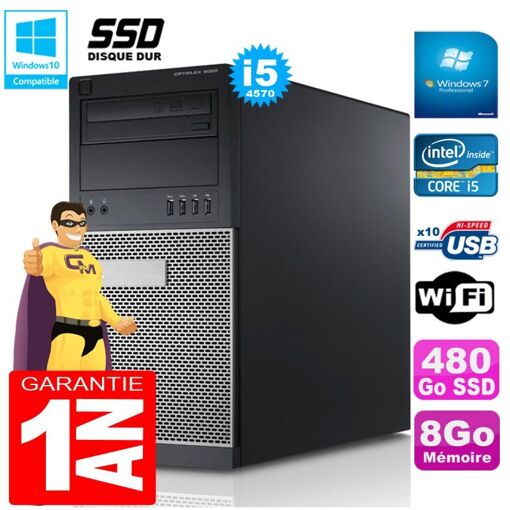 Torre Dell Optiplex 9020 - Procesador Intel Core i5-4570, 8 GB de RAM, 480 GB SSD, Grabadora de DVD, Windows 7 Pro