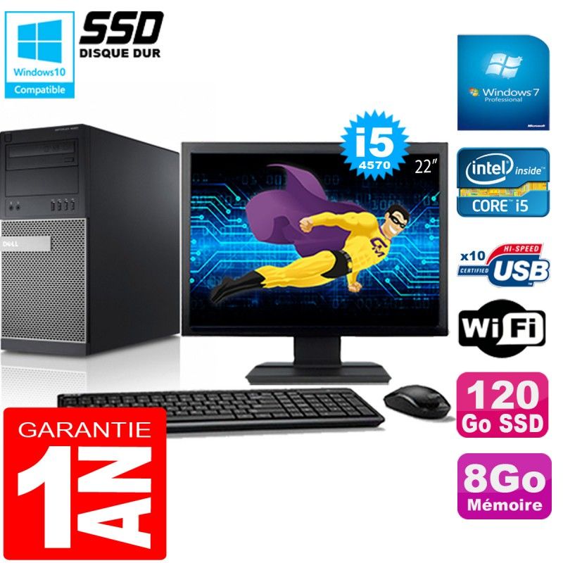 Tour Dell Optiplex 9020 - Processeur Intel Core i5-4570, 8 Go de RAM, SSD 120 Go, Windows 7 Pro