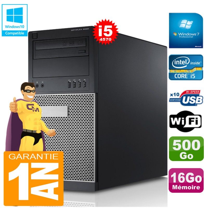 Tour Dell Optiplex 9020 - Processeur Intel Core i5-4570, 16 Go de RAM, 500 Go HDD, Lecteur DVD, Wi-Fi, Windows 7 Pro