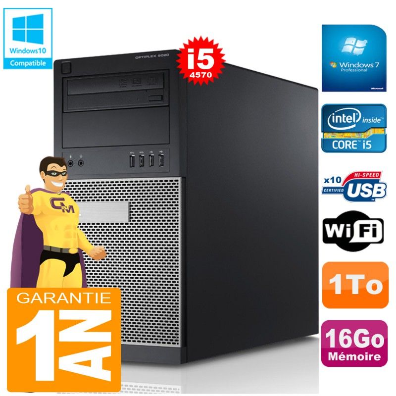 Tour Dell Optiplex 9020 - Processeur Intel Core i5-4570, 16 Go de RAM, 1 To HDD, Graveur DVD, Windows 7 Pro