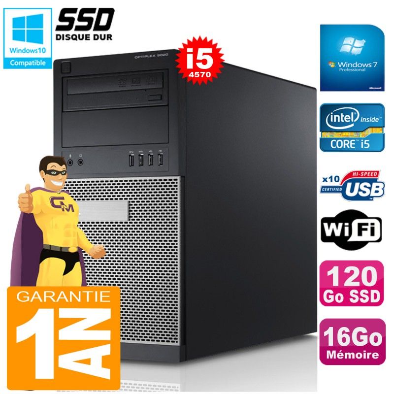 Tour Dell Optiplex 9020 - Intel Core i5-4570, 16 Go de RAM, 120 Go SSD, lecteur DVD, Wi-Fi, Windows 7 Professionnel