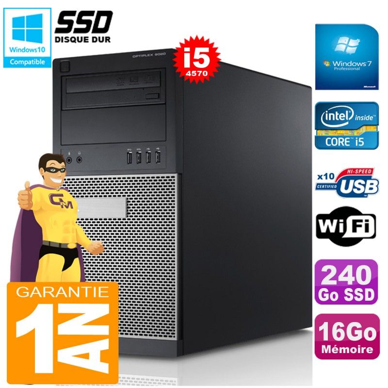 Dell Optiplex 9020 Tower - Intel Core i5-4570, 16GB RAM, 240GB SSD, DVD Burner, Windows 7 Pro