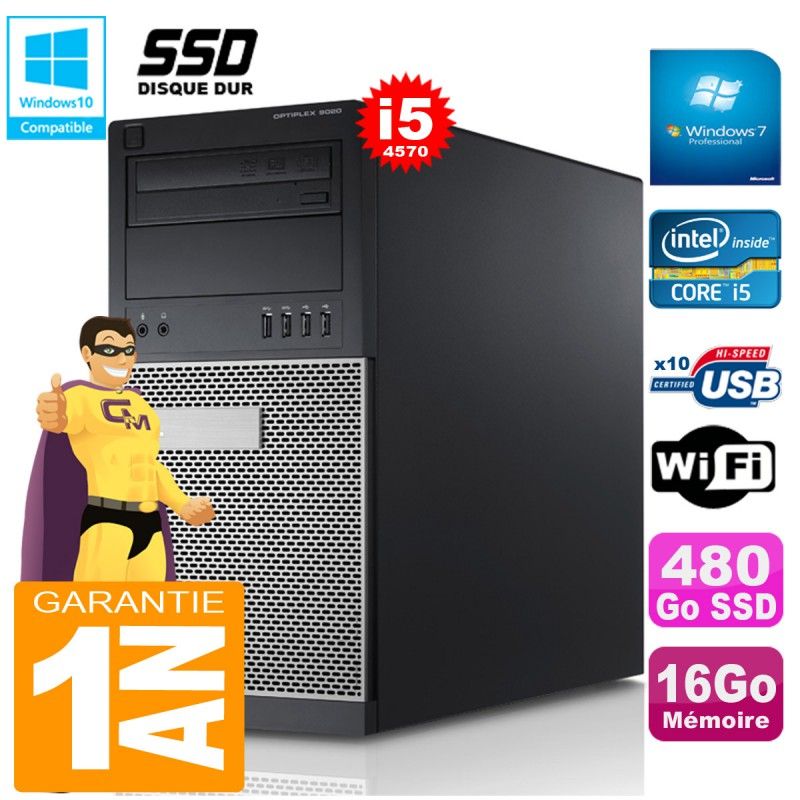 Tour Dell Optiplex 9020 - Processeur Intel Core i5-4570, 16 Go de RAM, 480 Go SSD, Graveur DVD, Windows 7 Professionnel