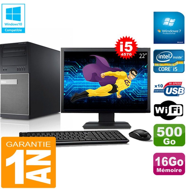 Tour Dell Optiplex 9020 - Processeur Intel Core i5-4570, 16 Go de RAM, 500 Go SSD, Wifi, Windows 7 Pro