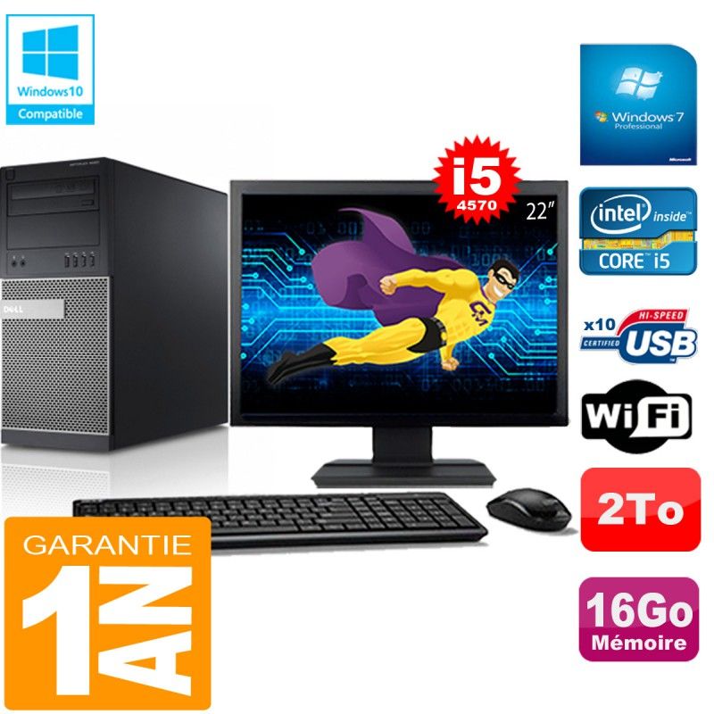 Tour Dell Optiplex 9020 - Processeur Intel Core i5-4570, 16 Go de RAM, 2 To de SSD, Wi-Fi, Windows 7 Pro